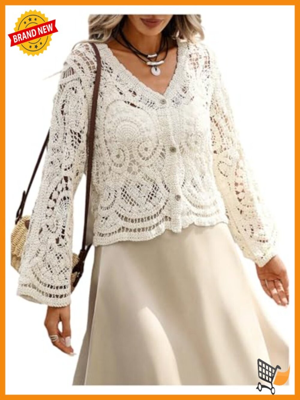 Women's Boho Crochet Cropped Cardigan Lightweight Sheer Long Sleeve Button Up